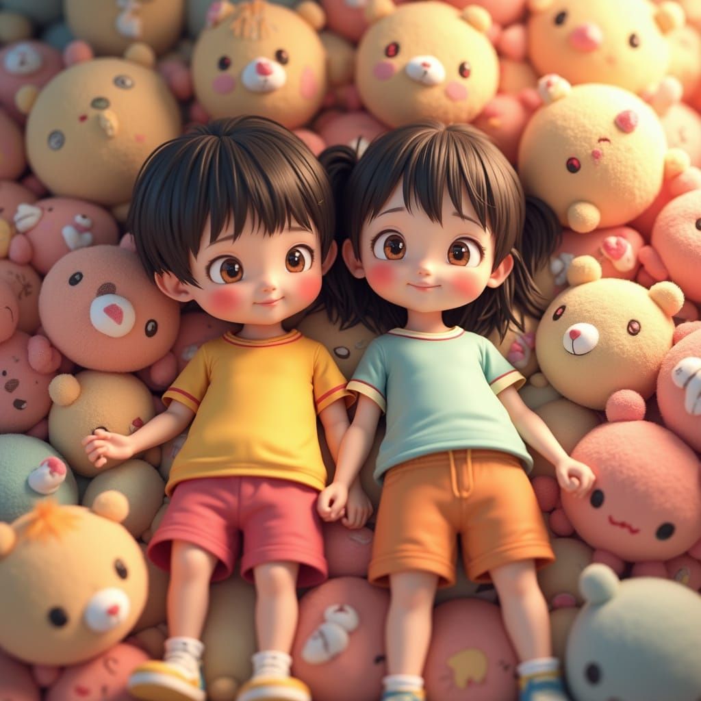 Children Play on Stuffed Animal Pile in Anime Style