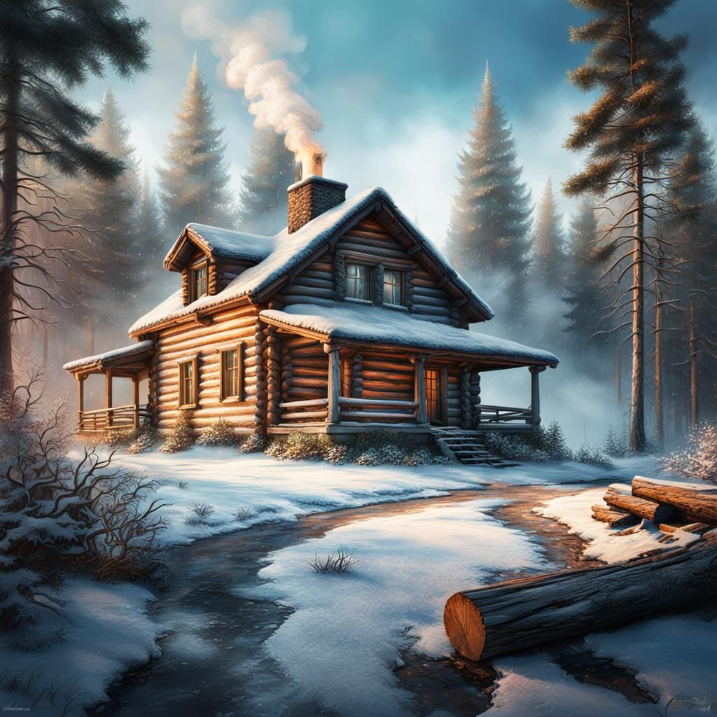 Winter Cabin in Forest Clearing: Hyperrealistic Detail