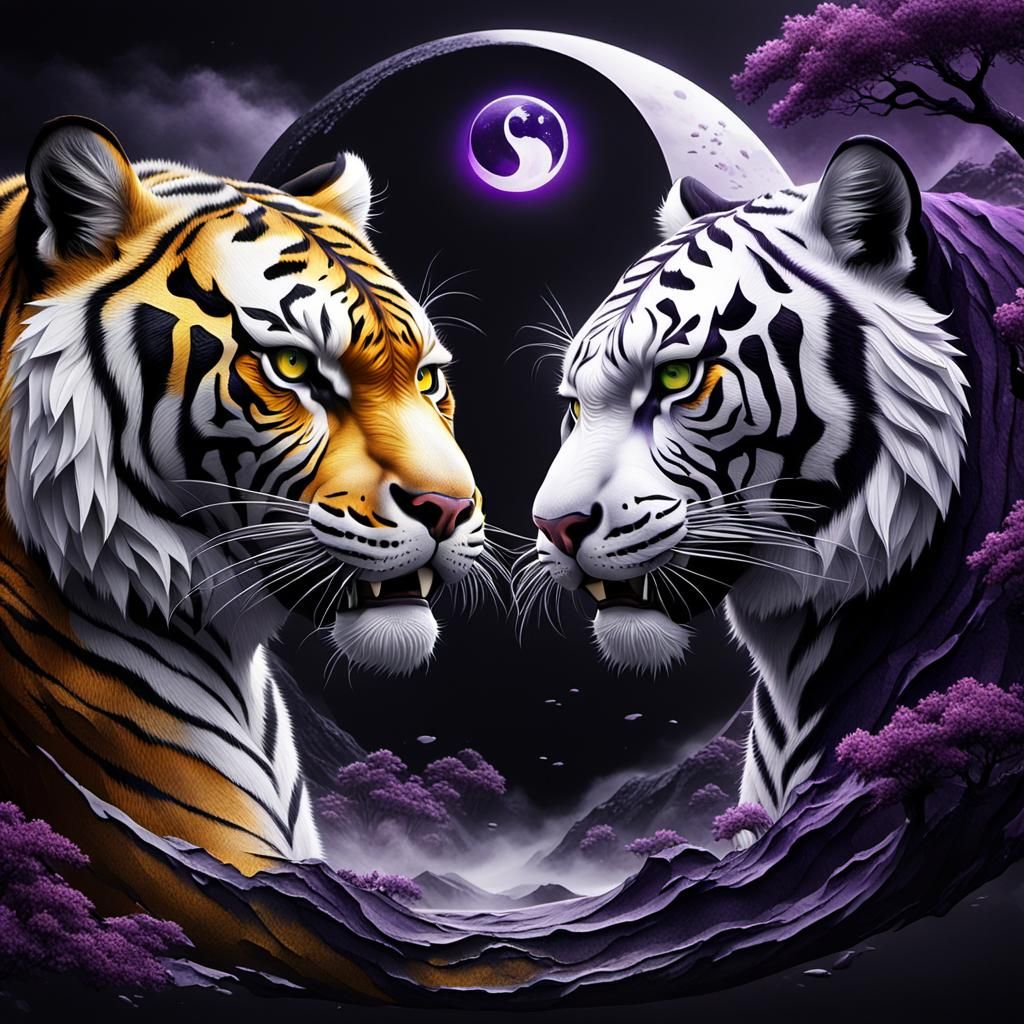Hyper-Realistic Tigers Form Yin Yang Symbol in Dark Fantasy...