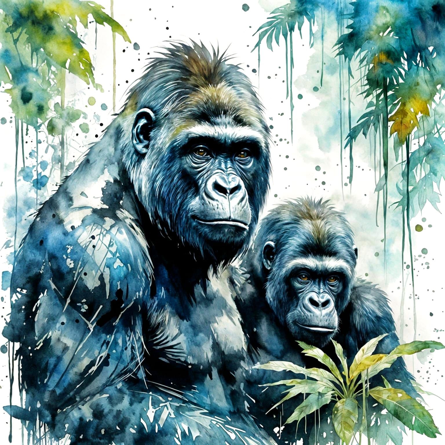 Misty Jungle Gorillas in Watercolour Style