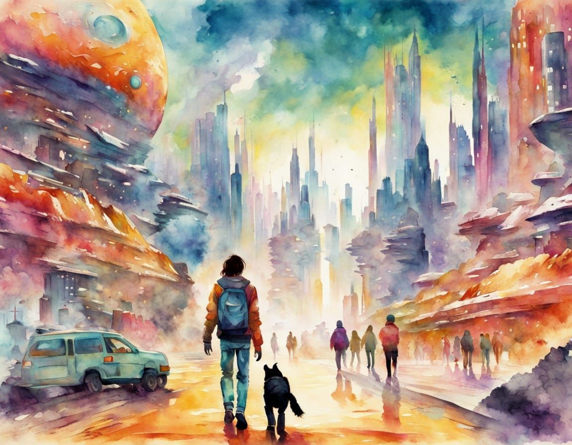 Teenager Enters Alien City in Watercolor Style