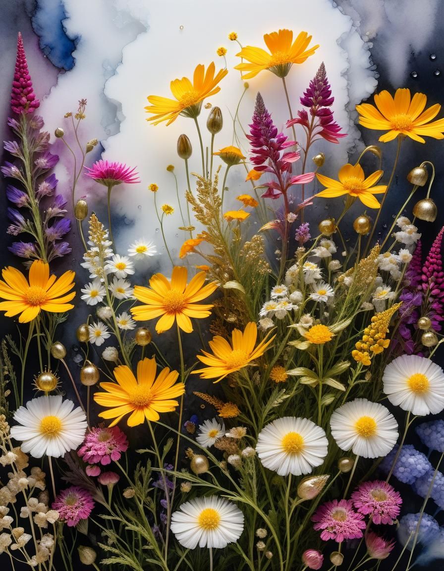 Overgrown Wall of Wildflowers in Mixed Media