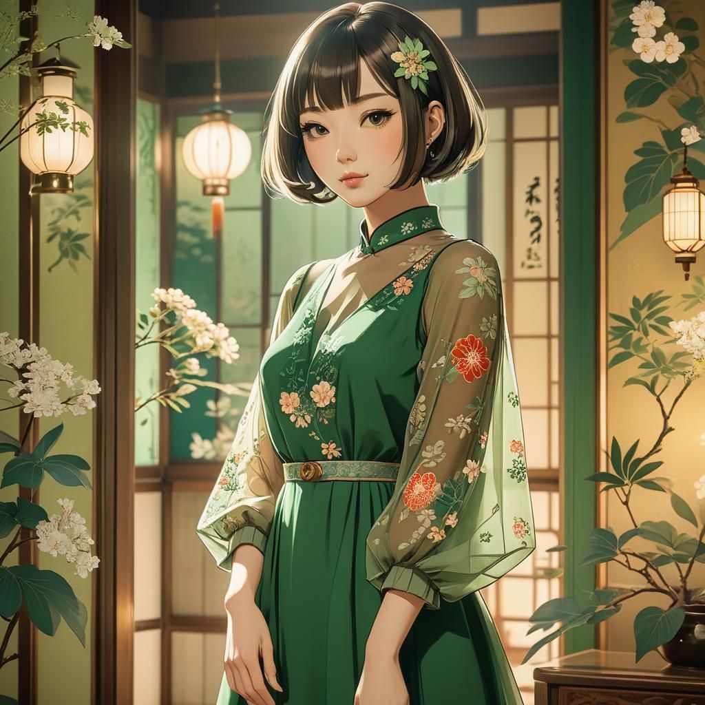 Retro Anime Portrait of Woman in Green Dress