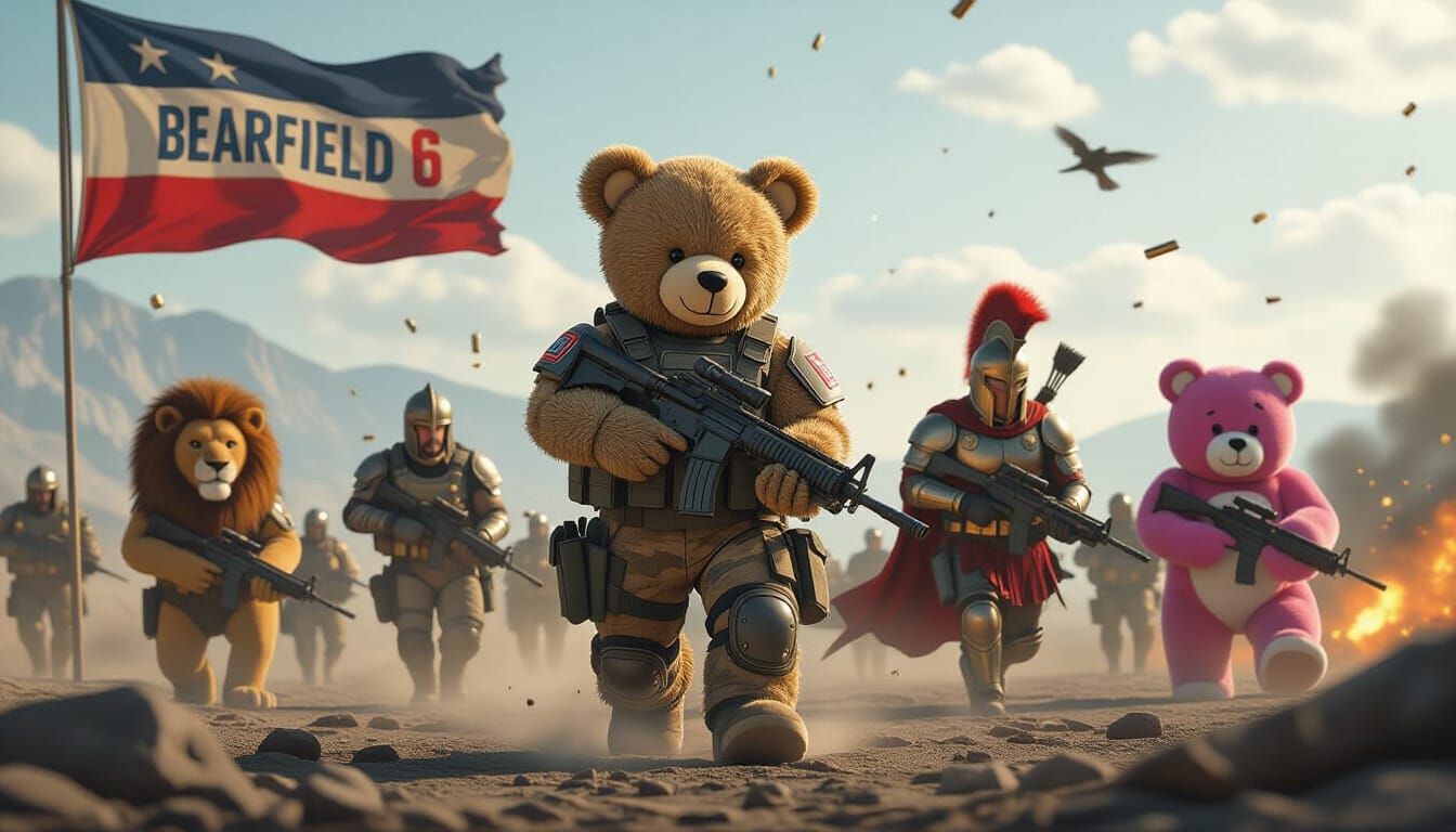 , a teddybear in bf6 theme with banner "Bearfield 6", complete squad in different chars like bear lion witch spartan cat...