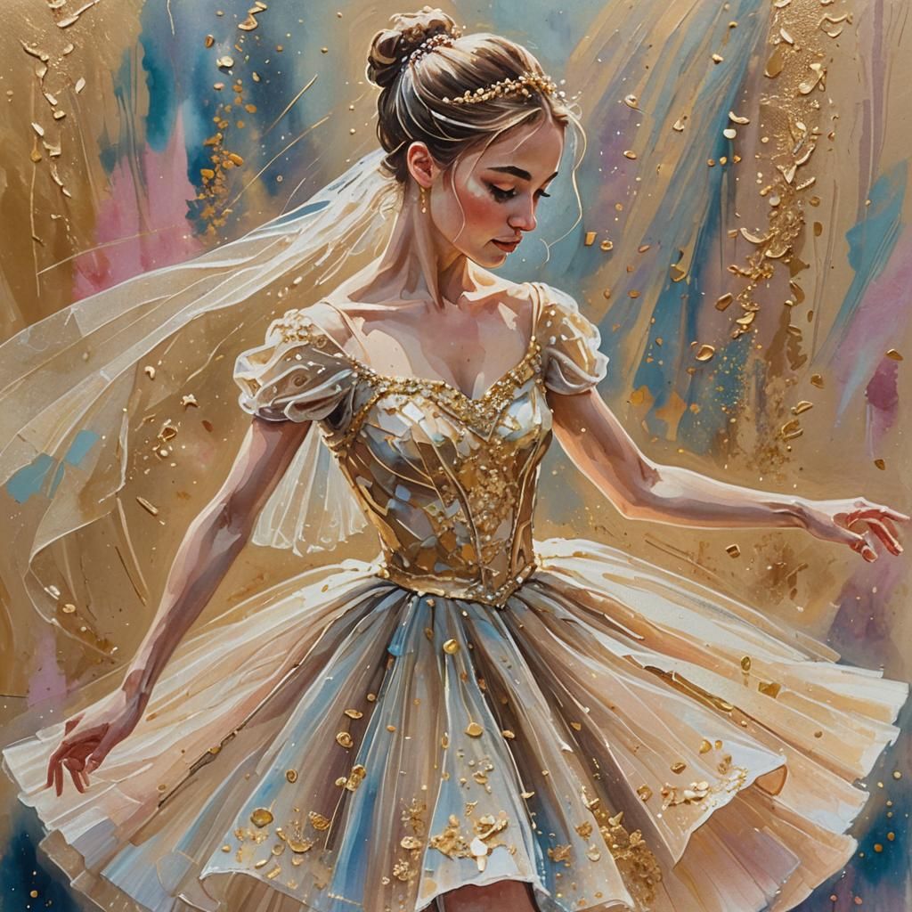 Ballerina in Veil Dances in Impressionist Gouache Painting