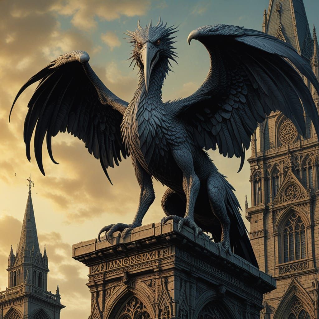 Grotesque Chimera on Gothic Cathedral in Lithograph Style