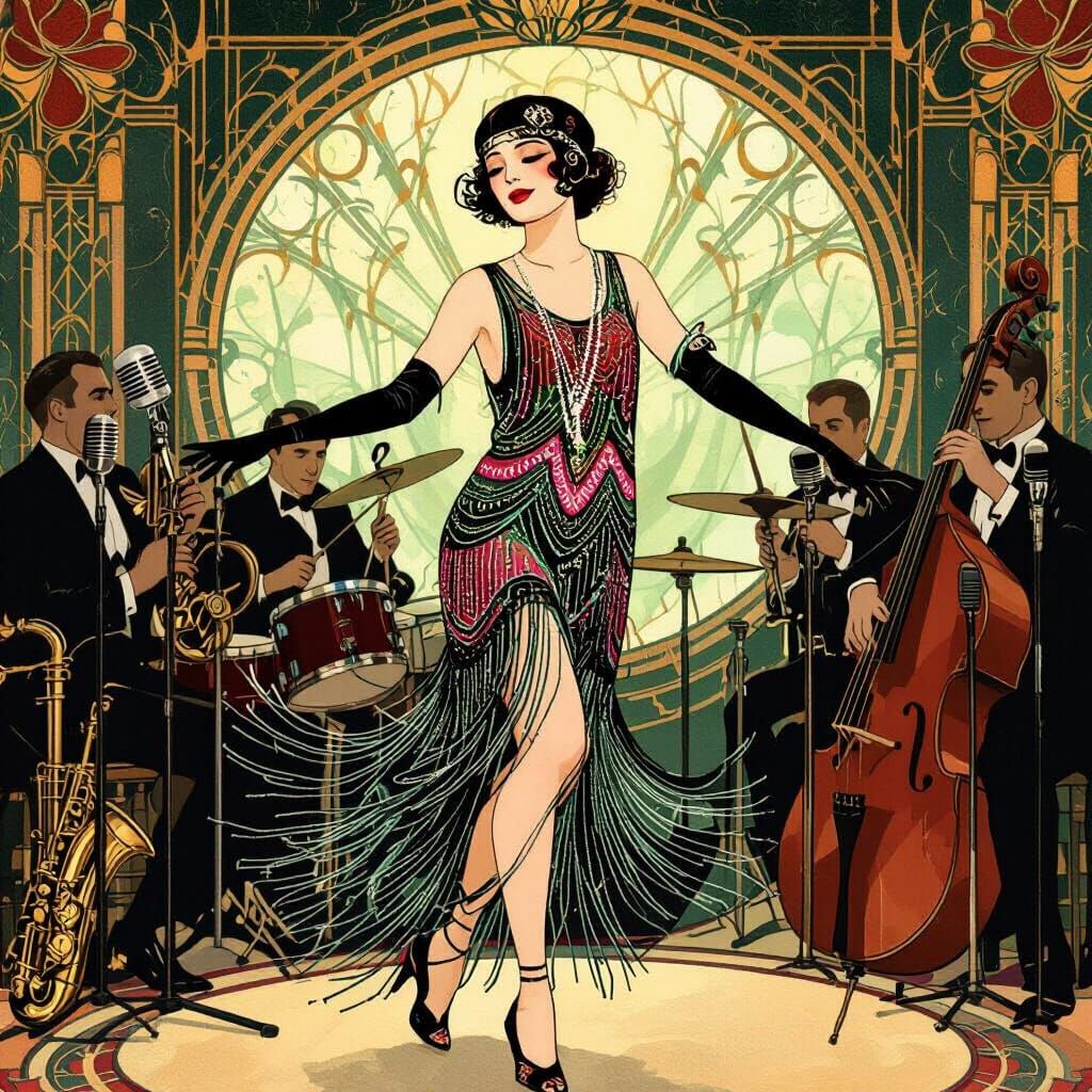 Glamorous Showgirl Dancing with Jazz Band in Art Deco Style