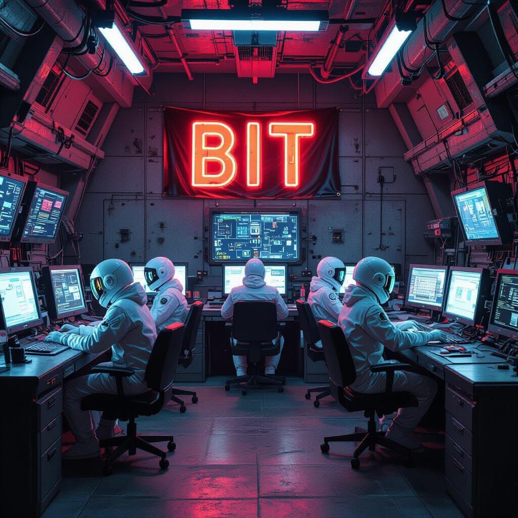 Cyberbunker Interior with Crew in Cyberpunk Style