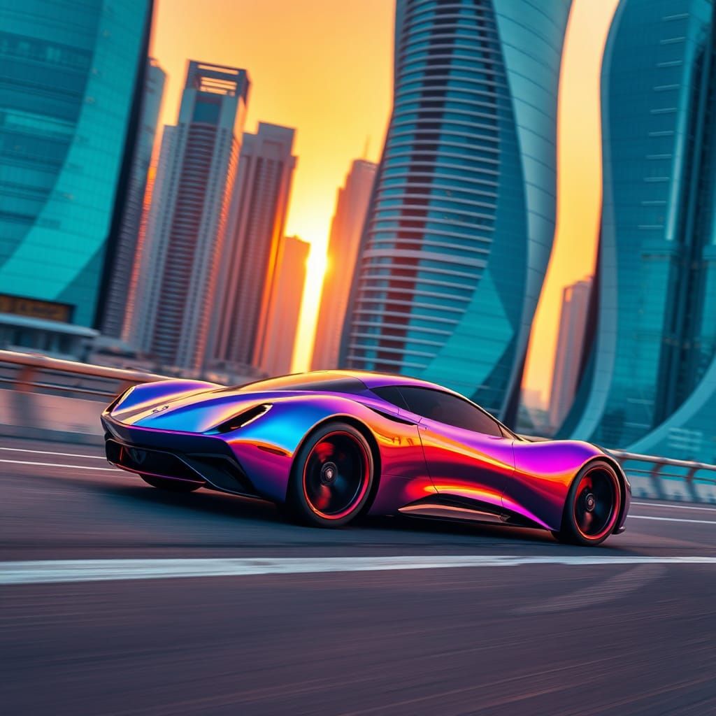 Iridescent Car on Neon Highway in 8K