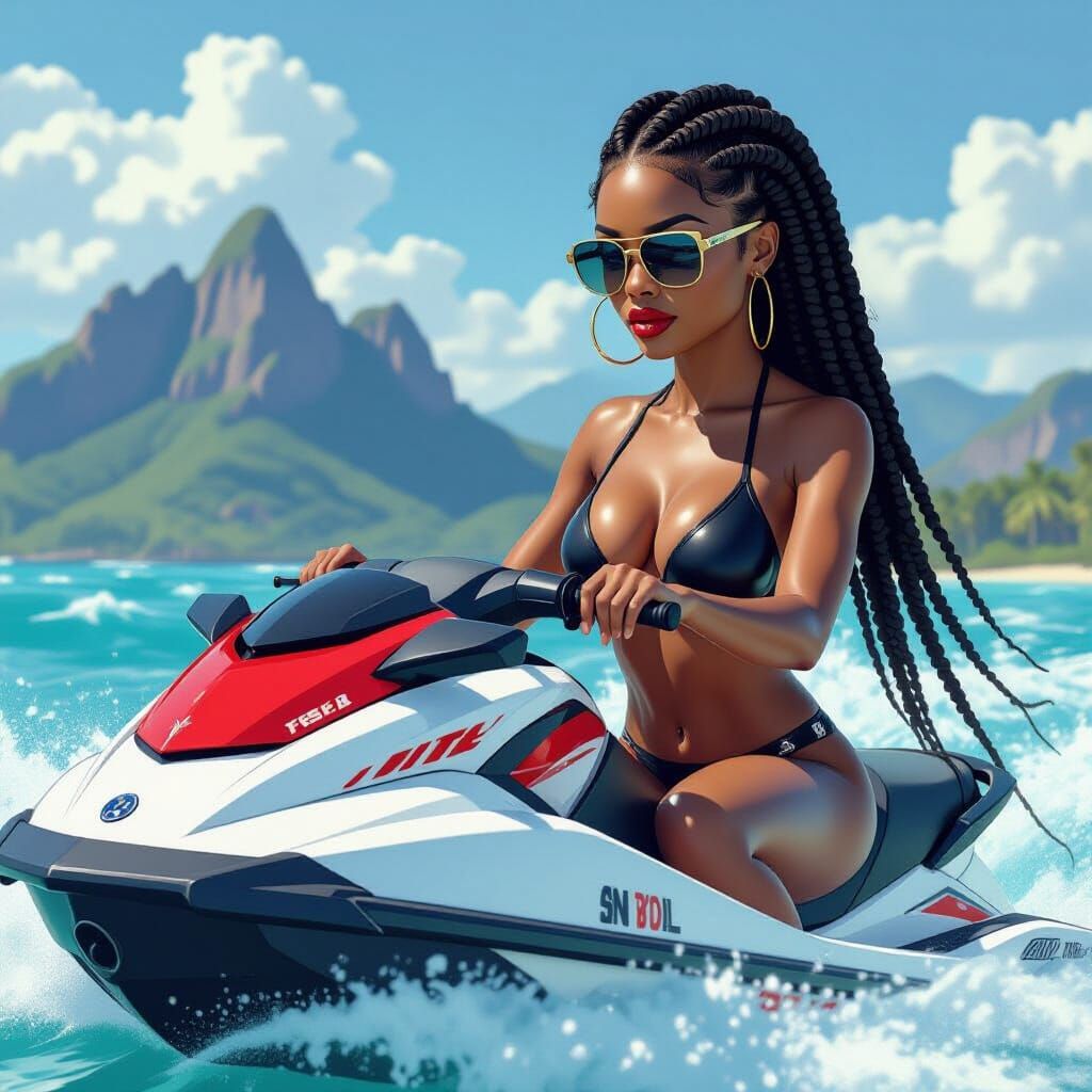 African Woman on Jet Ski in Marvel Animation Style