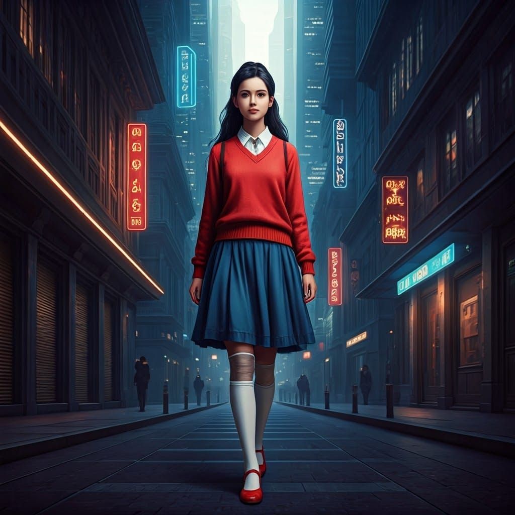 Teenage Girl in Metropolis Cityscape, Fantasy Concept Art