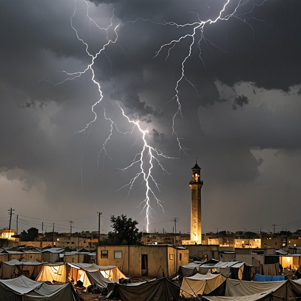 Tower Lightning Over Refugee Camp: Banksy Style