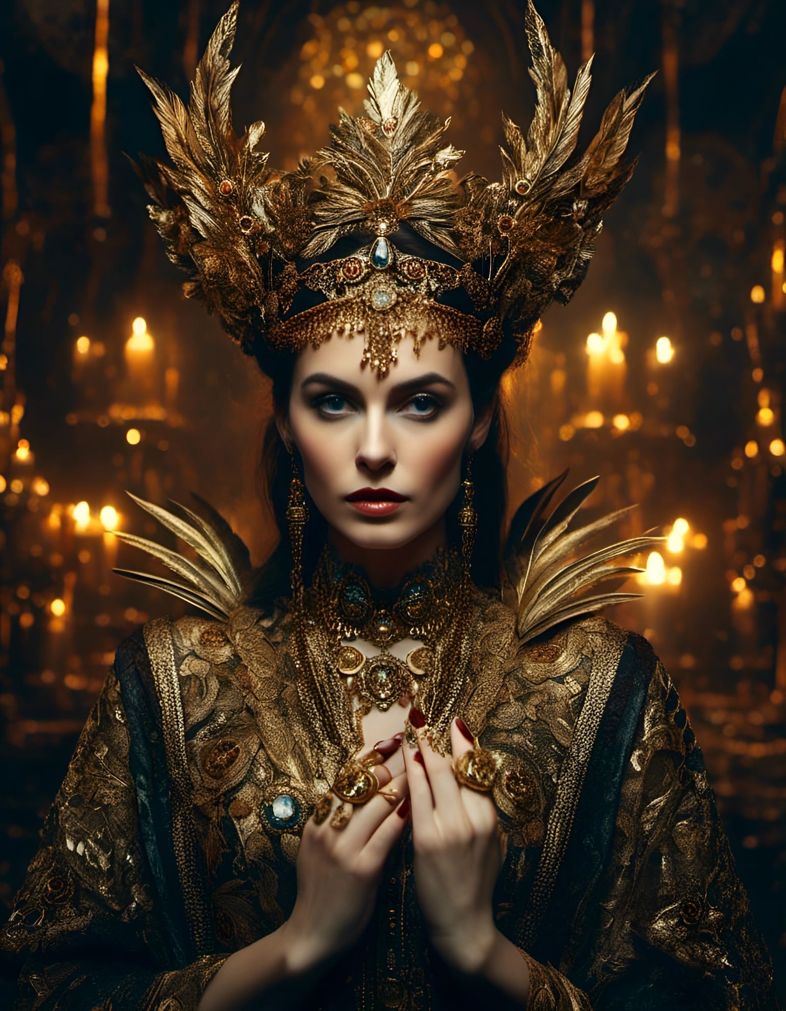 Ornate Fae Queen Goddess Amidst Golden Fire