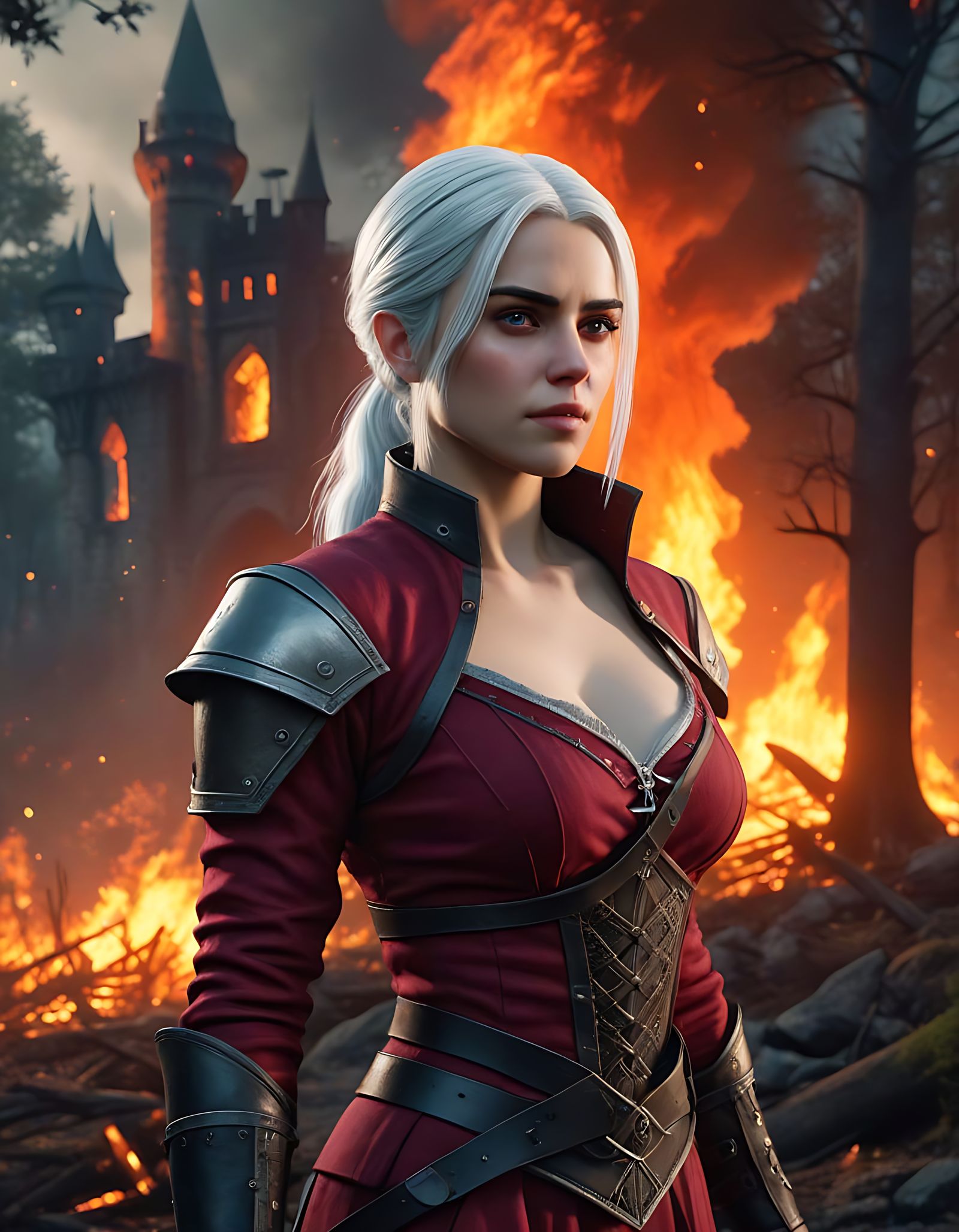 Ciri in a Wine-Colored Gown Amidst a Magical Forest