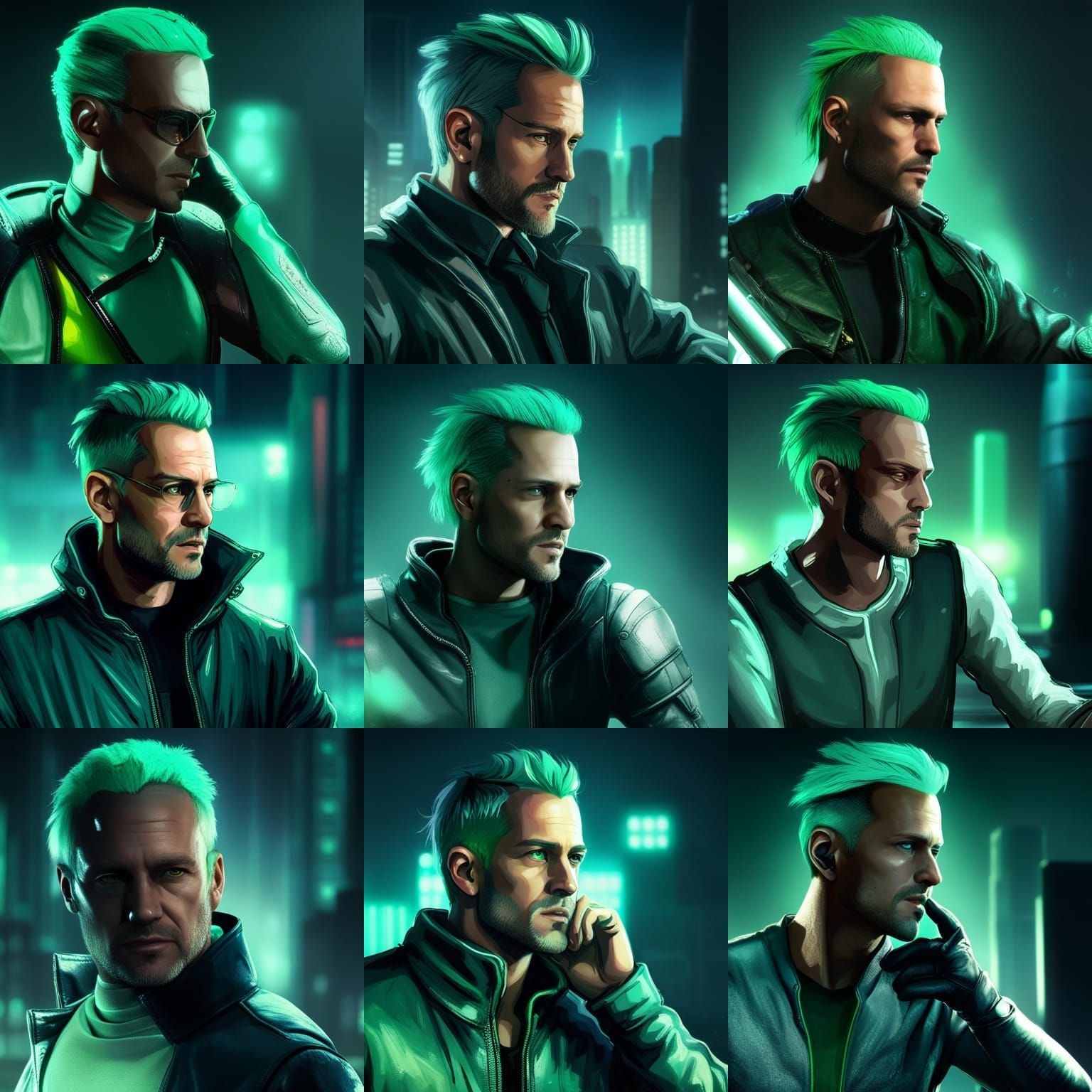 Green Haired Man in Cyberpunk Neon Cityscape