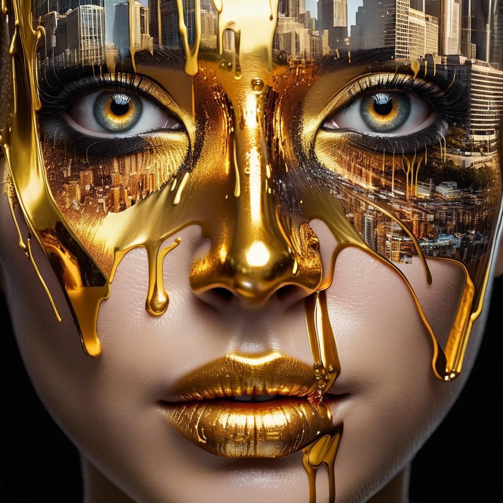 Surreal Melting Face with Golden Drips and Cityscape