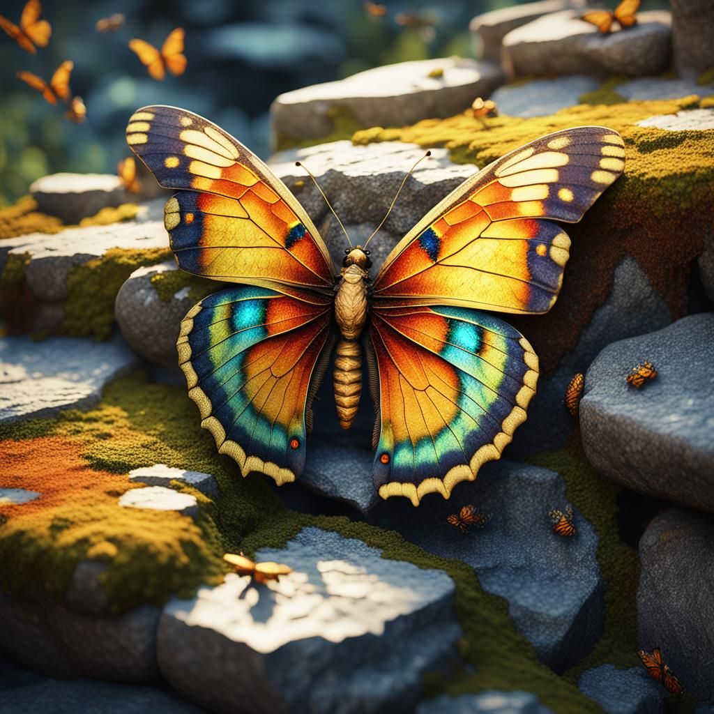 Butterfly on Stone Wall: Macro Fantasy Art