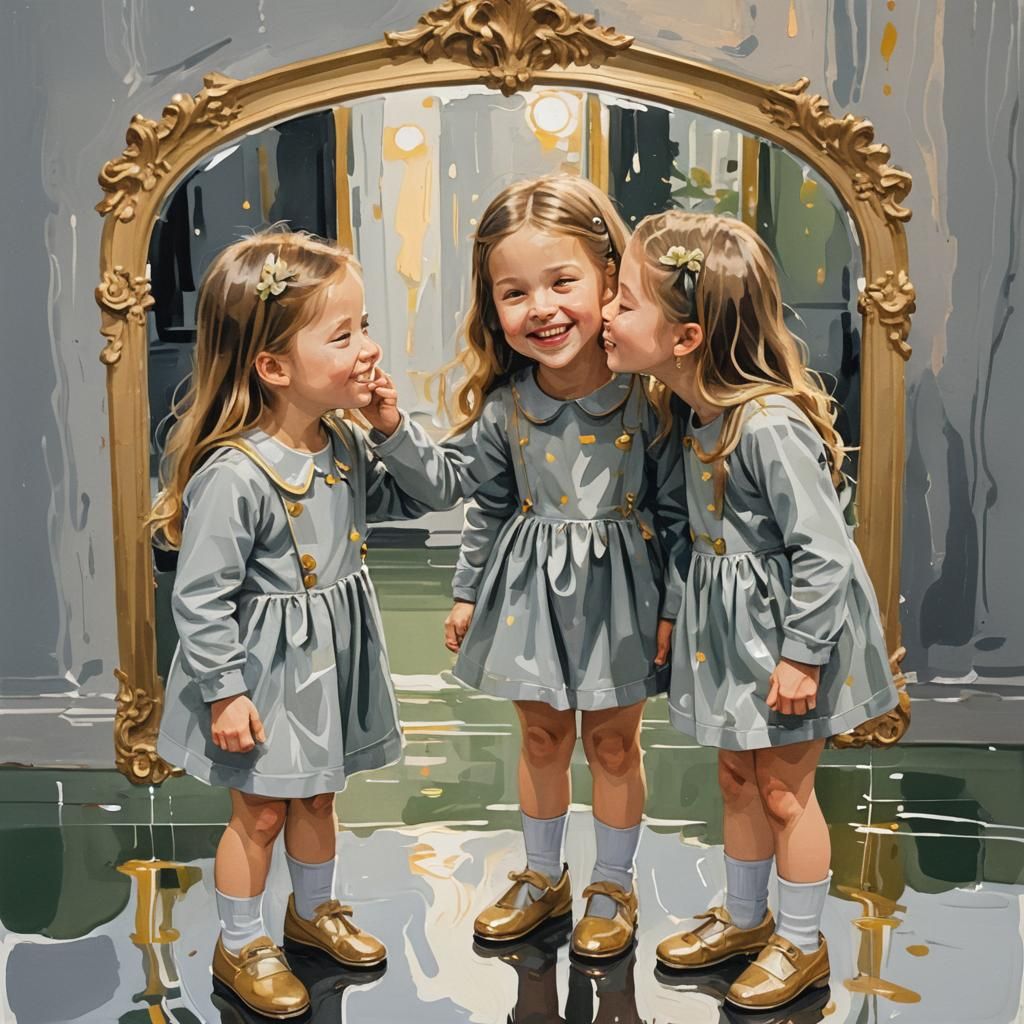 Two Girls Kissing in a Mirror: Gouache Painting