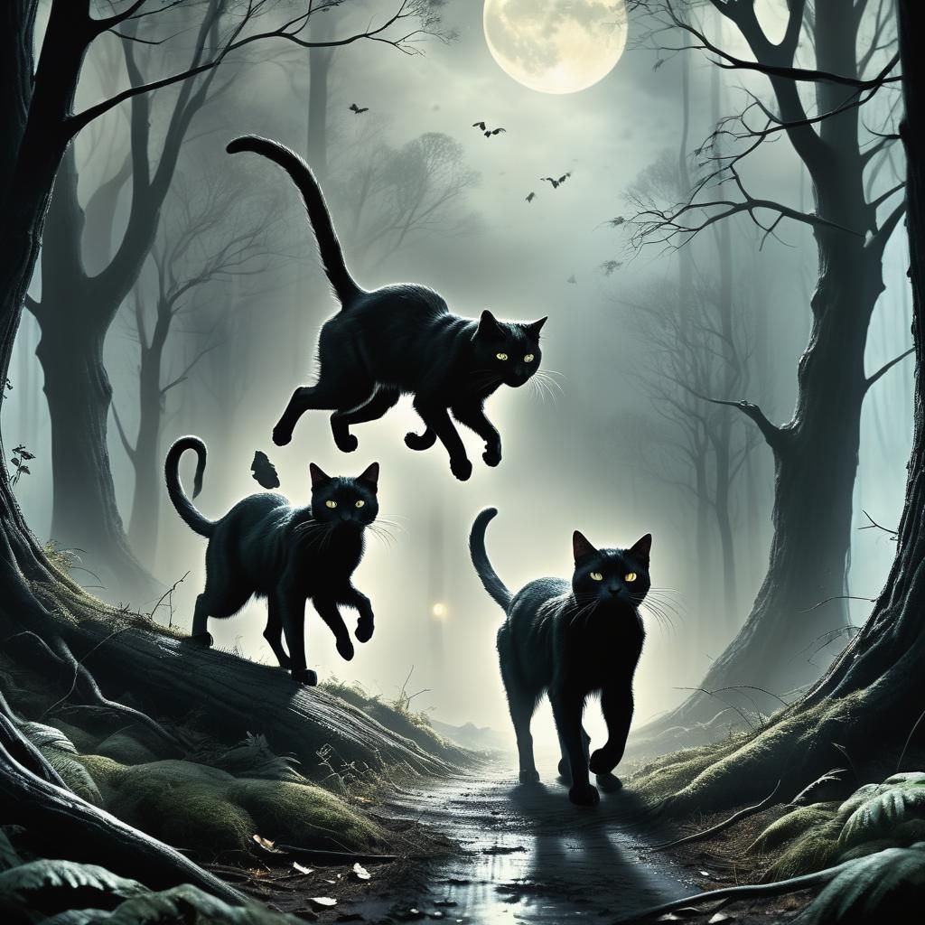 Mystical Forest: Two Black Cats Pounce on Mouse