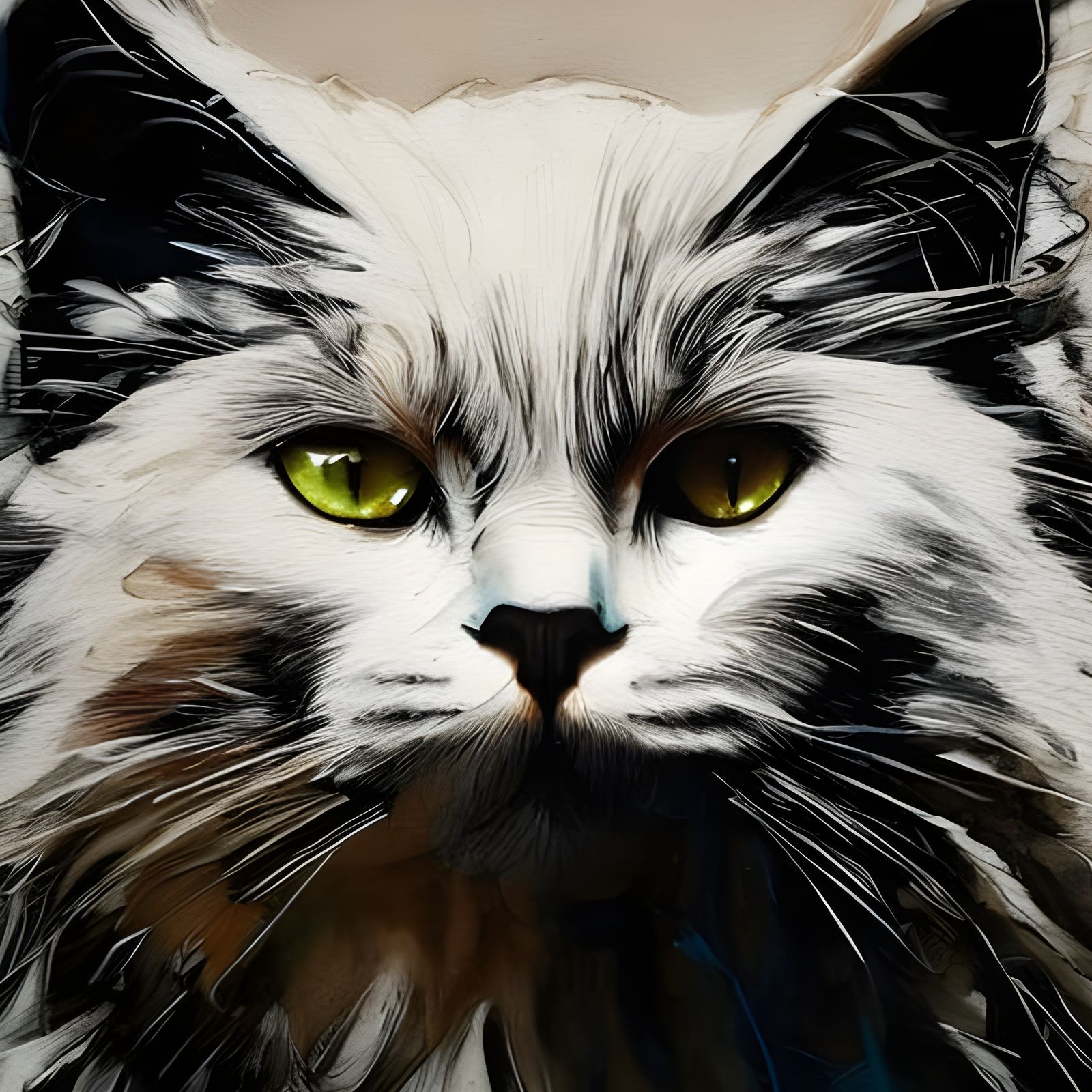 Adorable White Cat Portrait in Inkblot Art