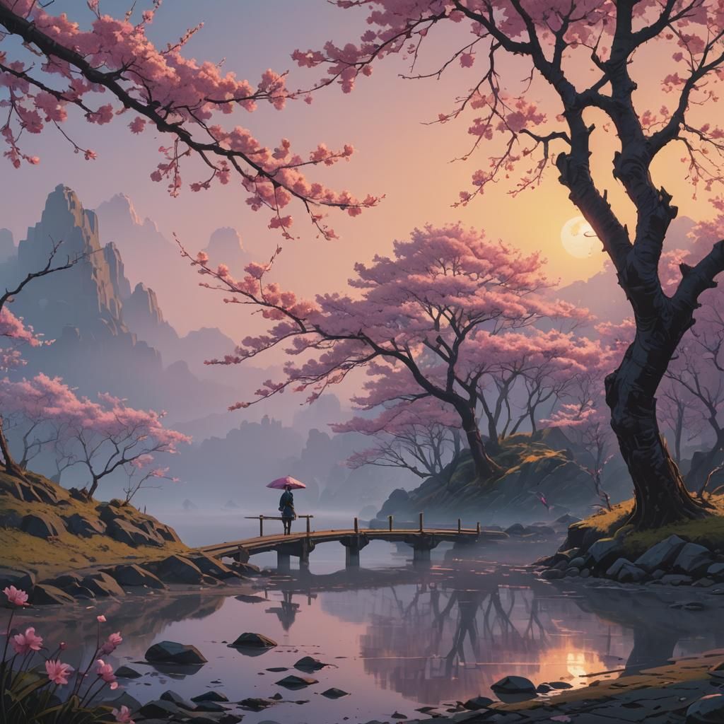 Sakura Branch in Dreamlike Landscape, Digital Art
