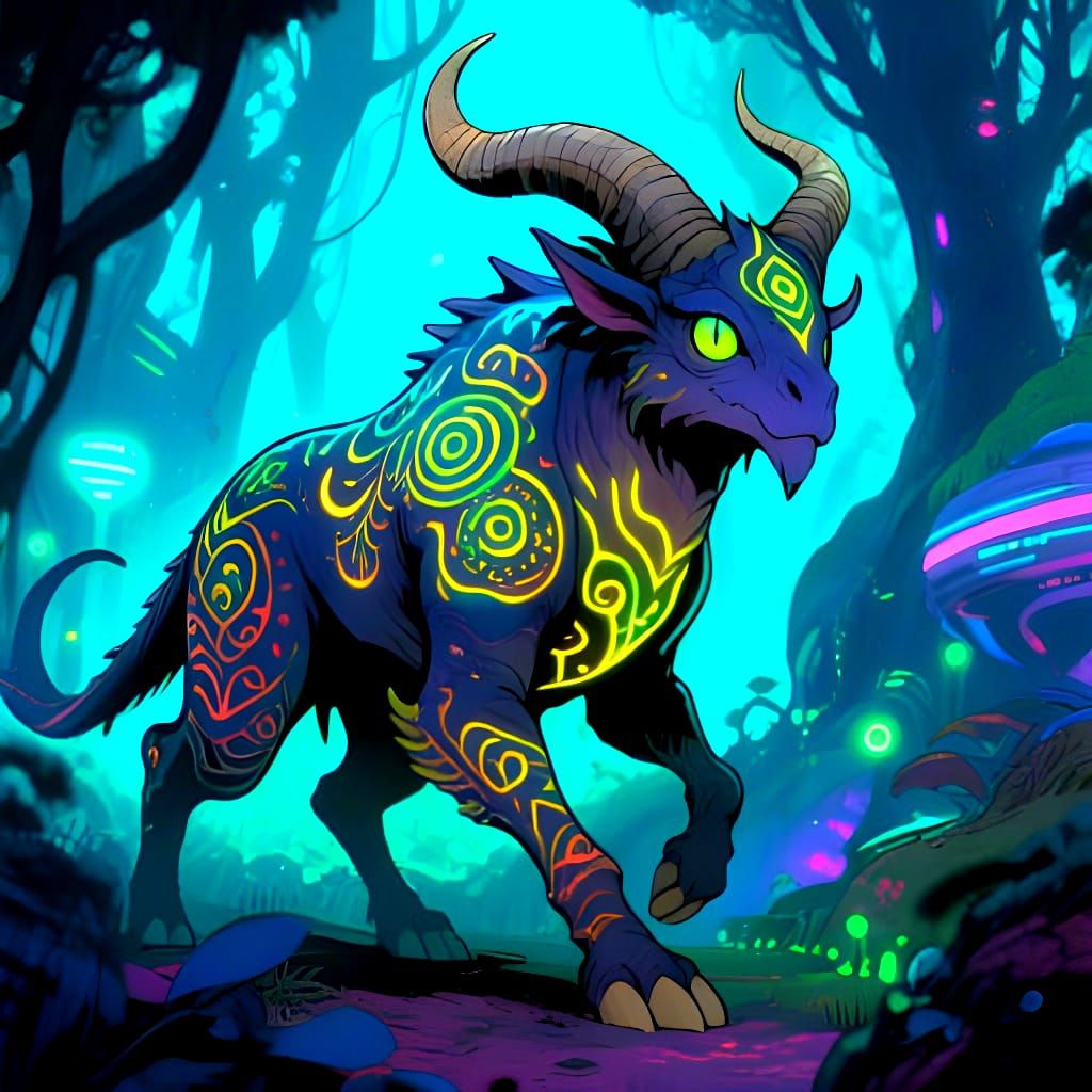 Fantasy Cryptid in Bioluminescent Forest, Manga Splash Art