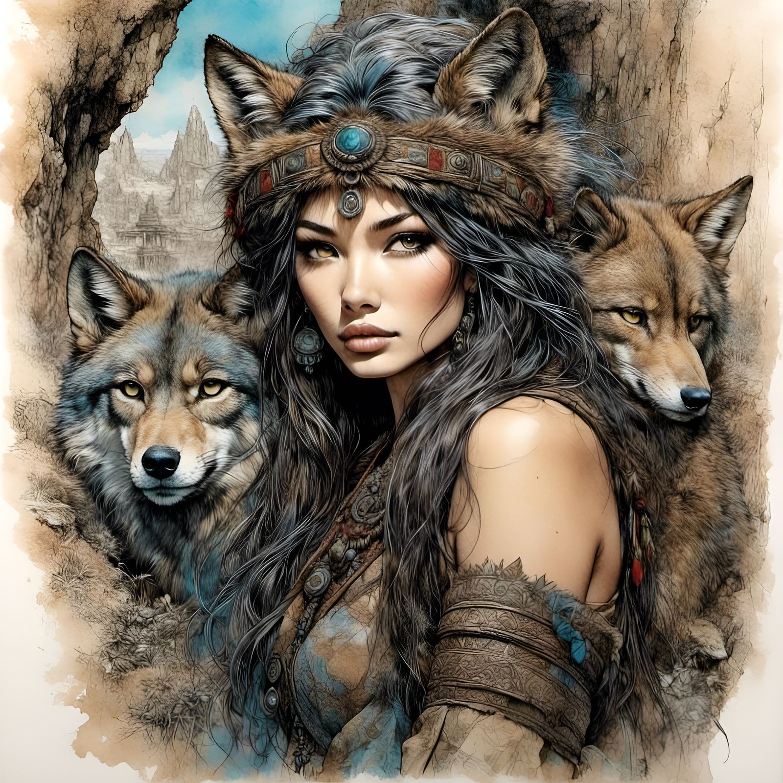 Neko Wolf Warrior Portrait in Sketch Style