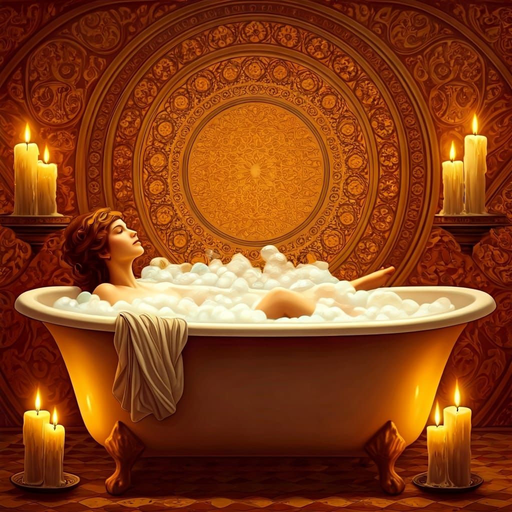 Woman's Candlelit Bubble Bath in Art Nouveau Style