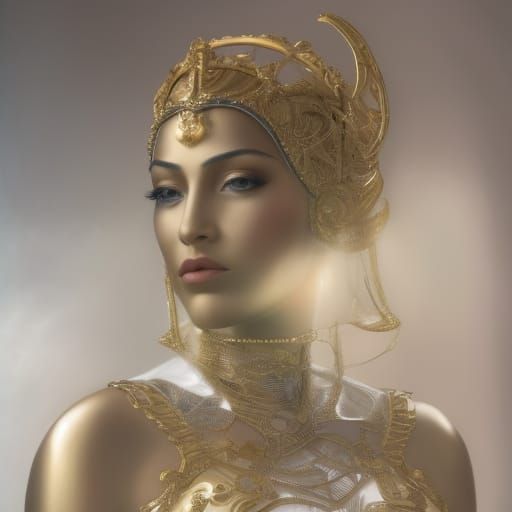 Golden Robot Queen in Steampunk Cyberpunk Style