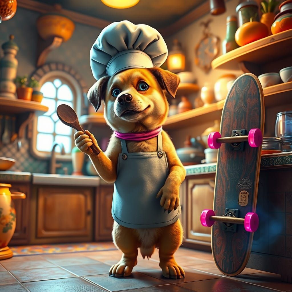 Fantasy Chef Dog in Whimsical Kitchen with Skateboard