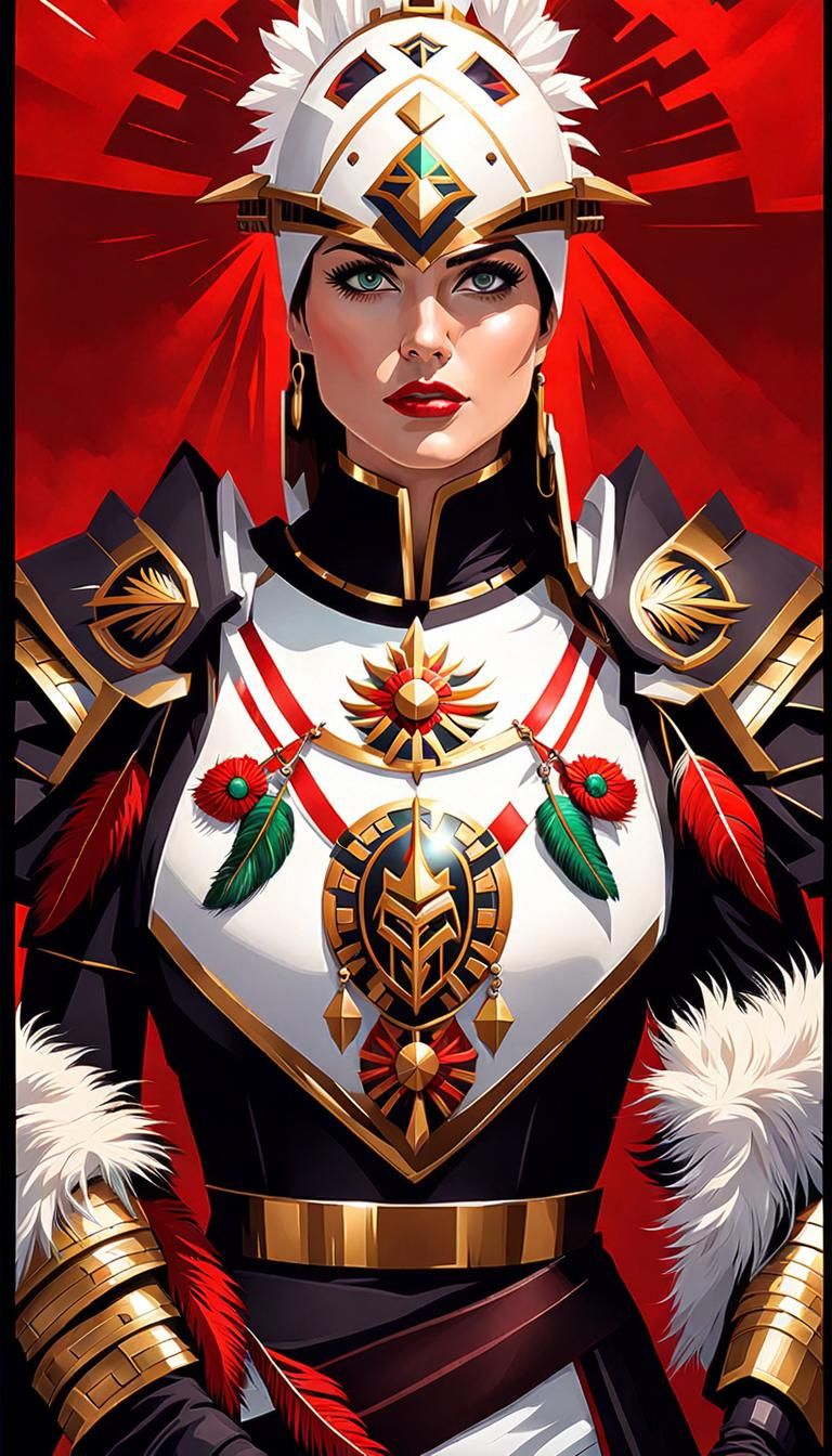 Cybernetic Woman with Aztec Headdress in Pixel Art