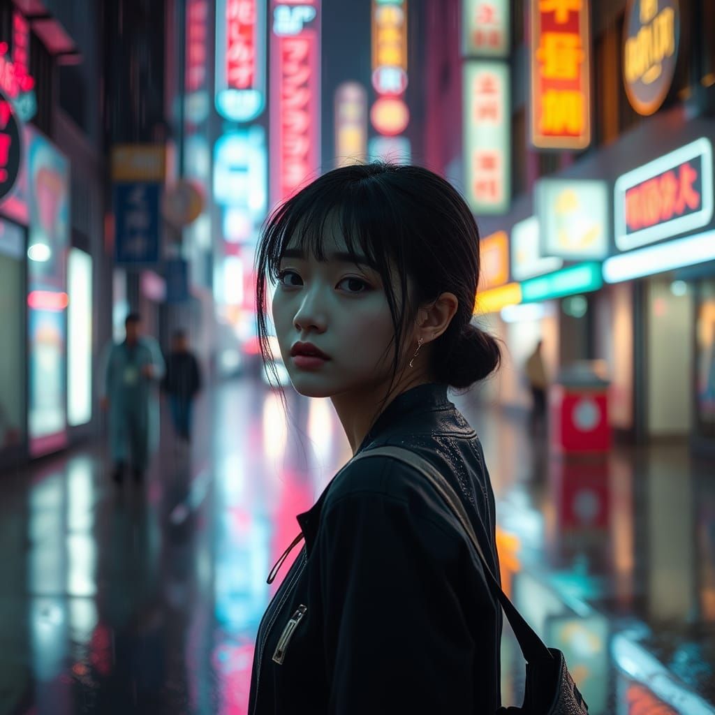K-Pop Girl in Neon City Reflects on Love
