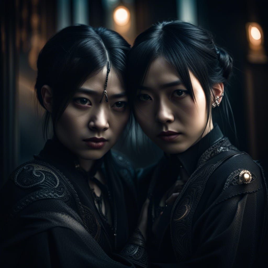 Asian Goth Women Embrace: Hyperrealistic Image