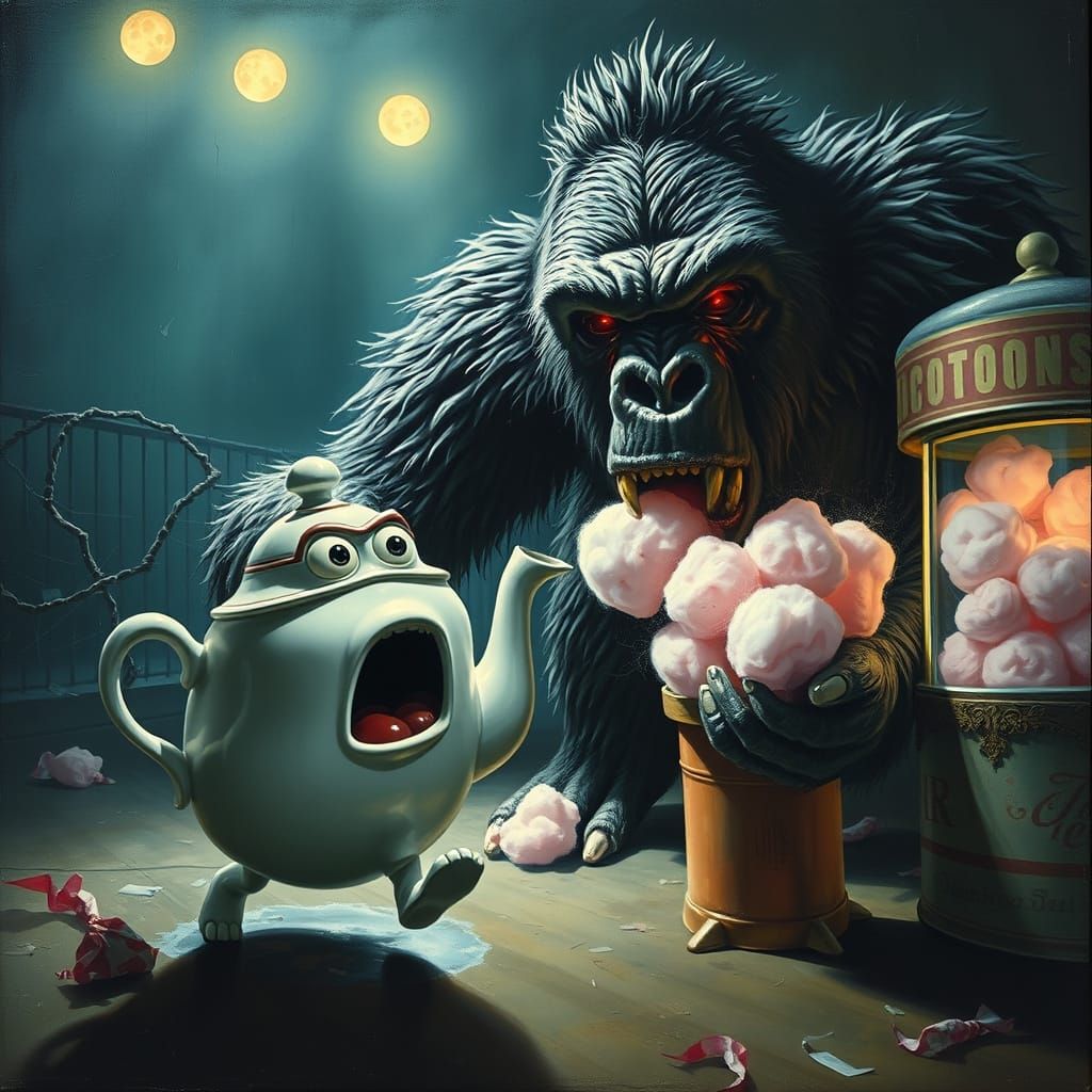 Terrified Teapot Flees Mutated Gorilla in Surreal Oil Painti...