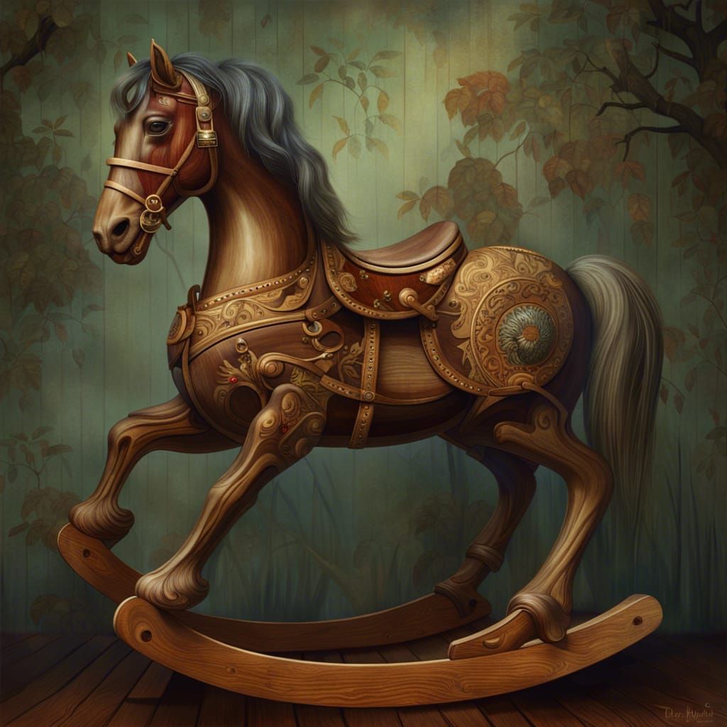 Detailed Digital Painting of a Wooden Rocking Horse