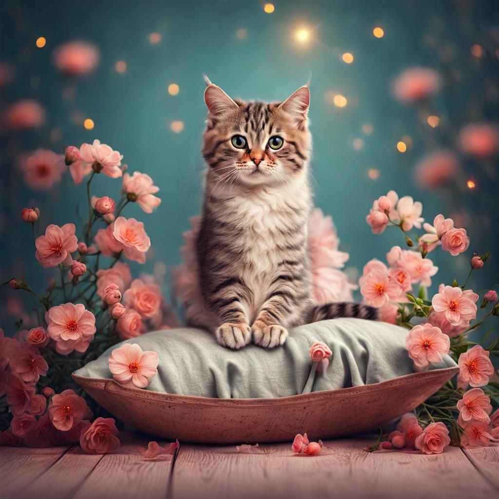 Cat on Pillow with Heart Lights in Surreal Style