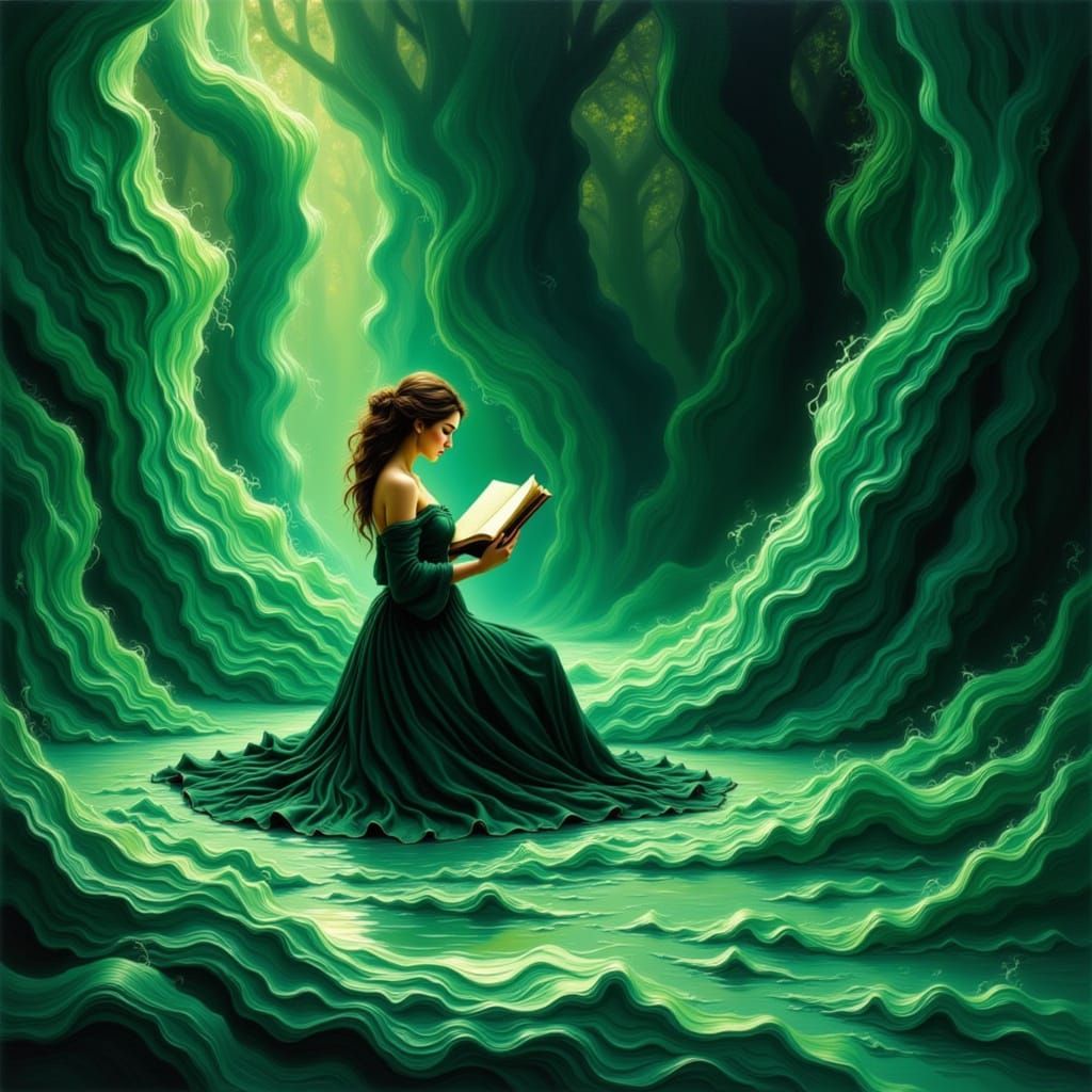 Belle Époque Woman Reads Book Spilling Liquid Malachite