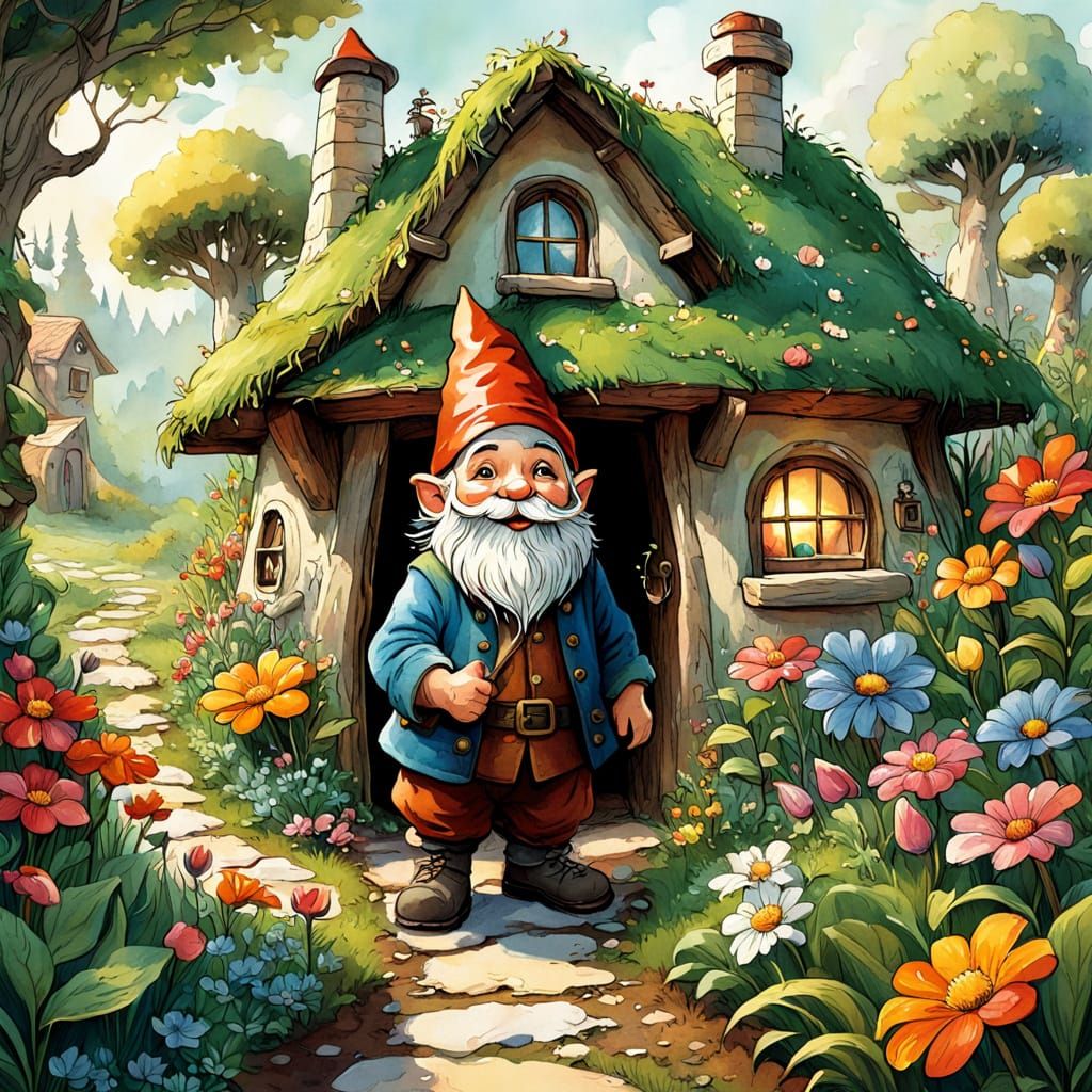 Whimsical Watercolor Gnome in Enchanting Underground Garden