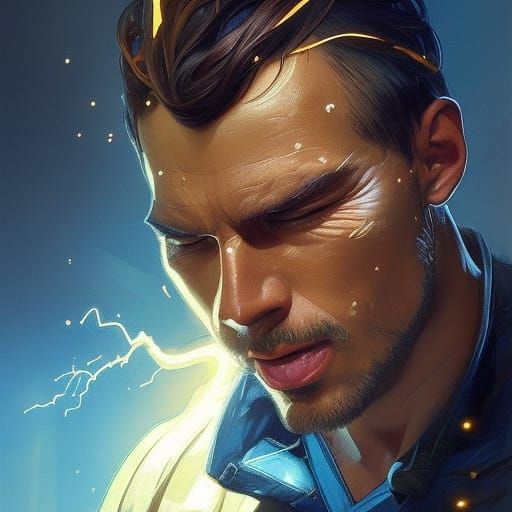 Blue and Gold Lightning Man Portrait, Detailed Digital Art