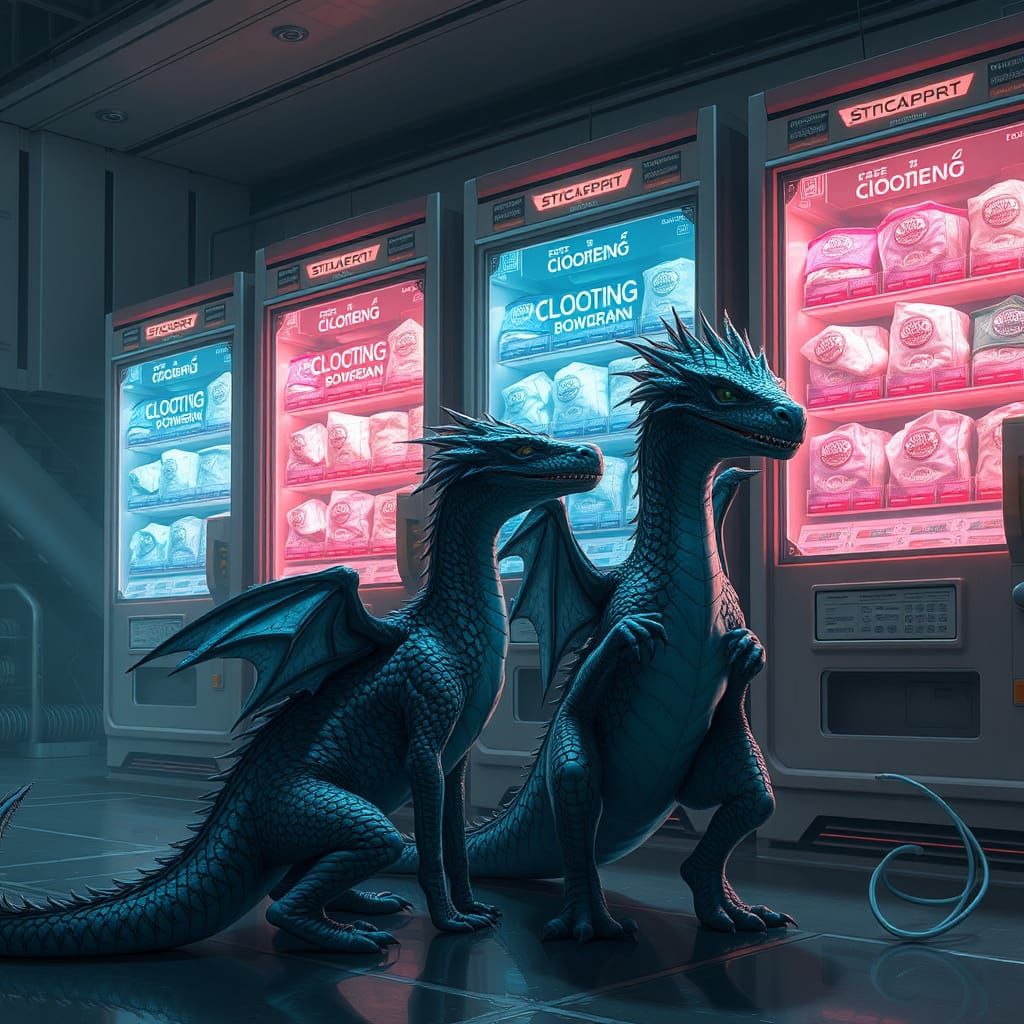 Dragons and Vending Machines in Digital Painting Style