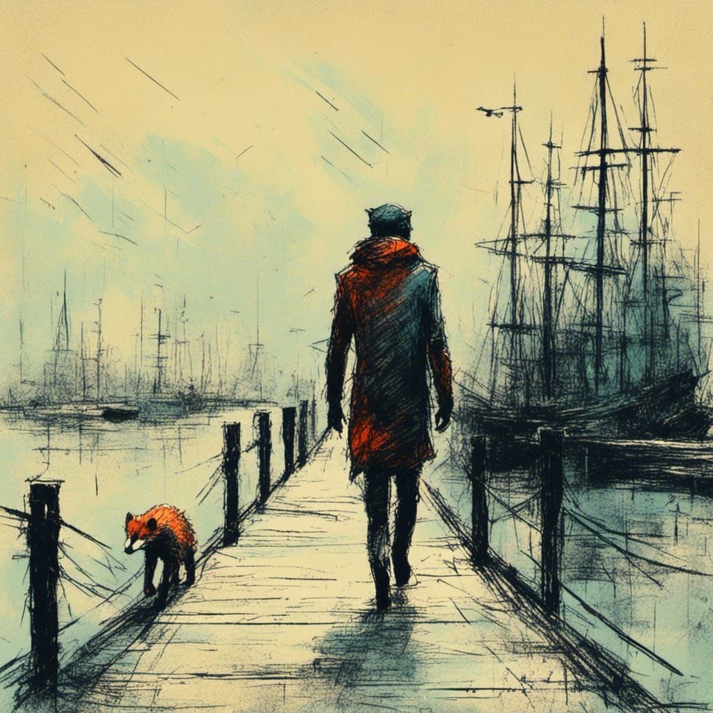 Cyberpunk Mongoose on Pier with Minimalist Scribbles