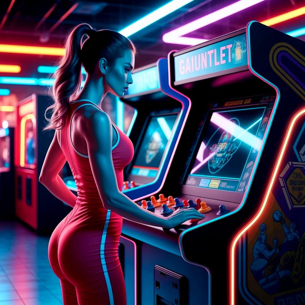 Woman Plays Gauntlet in Retro Arcade: Synthwave Style