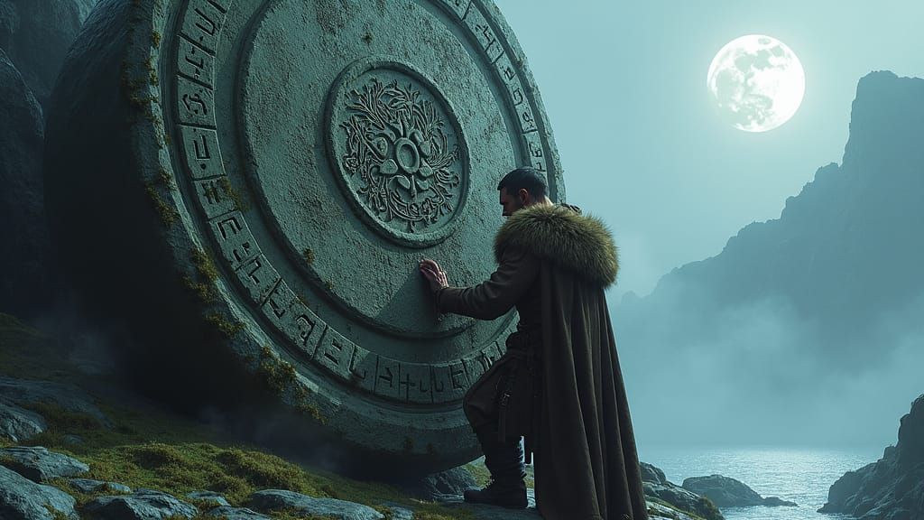 Viking Carving Runes into Stone Monolith