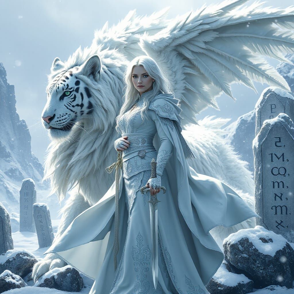 Celtic Warrior Princess and Tiger-Dragon in Snowy Landscape