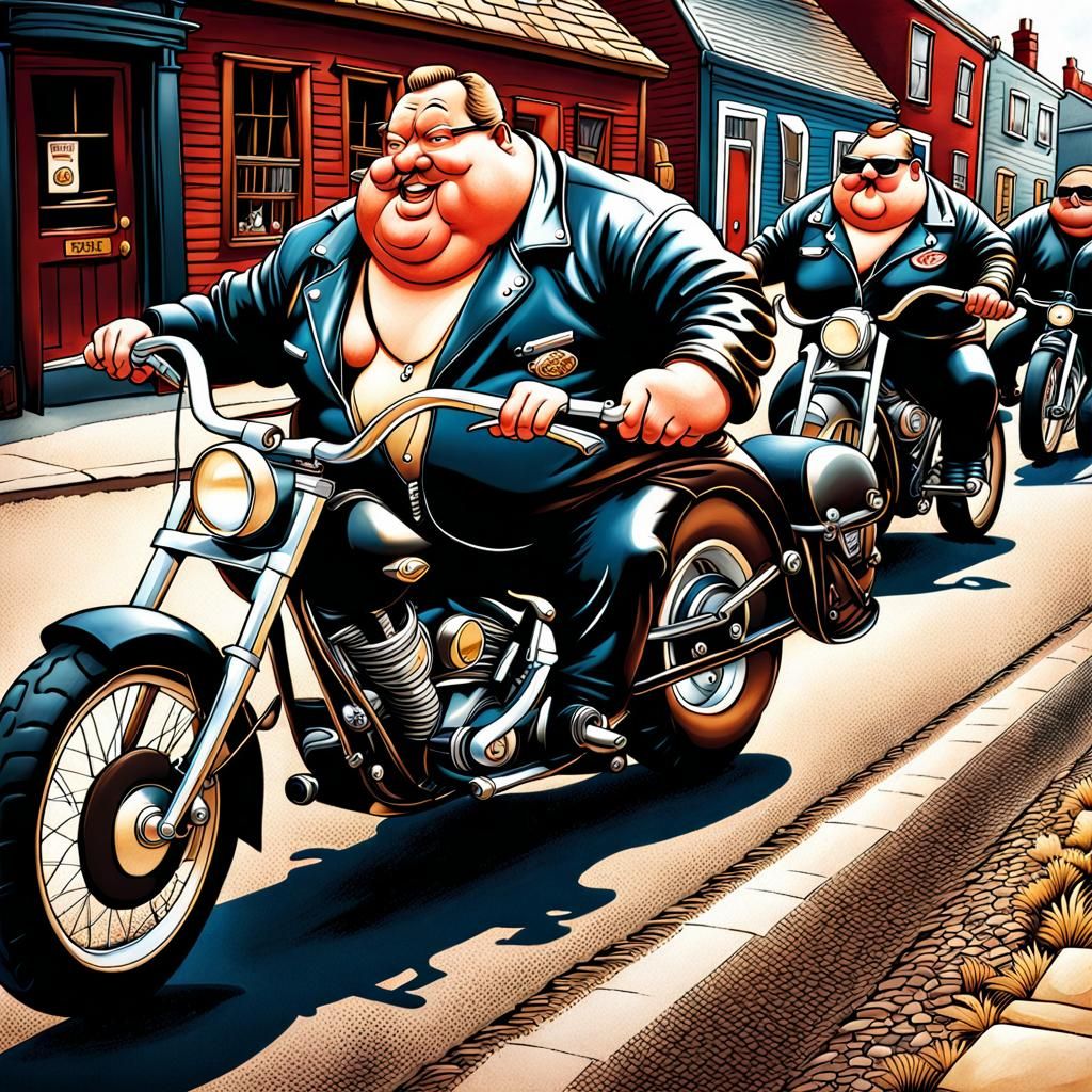 Cartoon Obese Bikers Gang Caricature