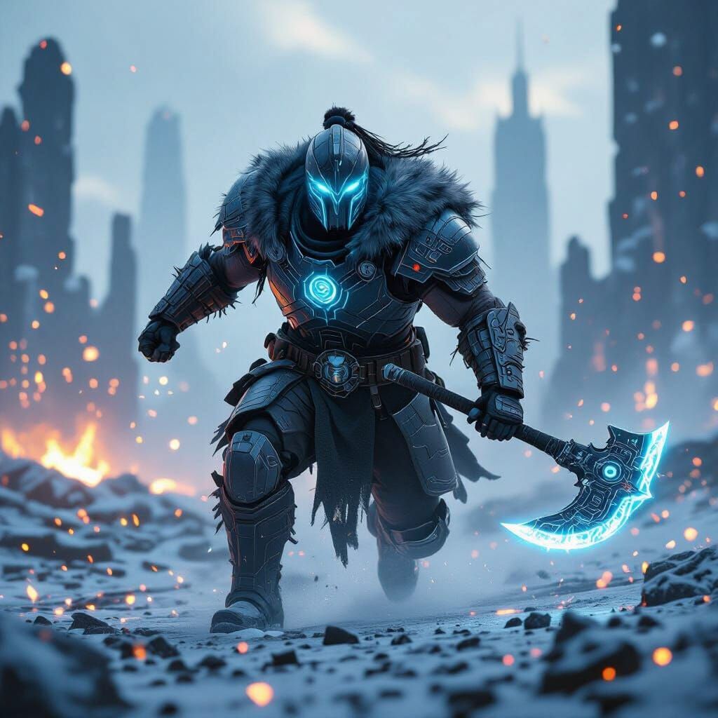 Futuristic Norse Berserker with Glowing Rune Circuits