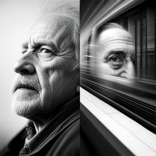 Double Exposure of Train and Tearful Old Man