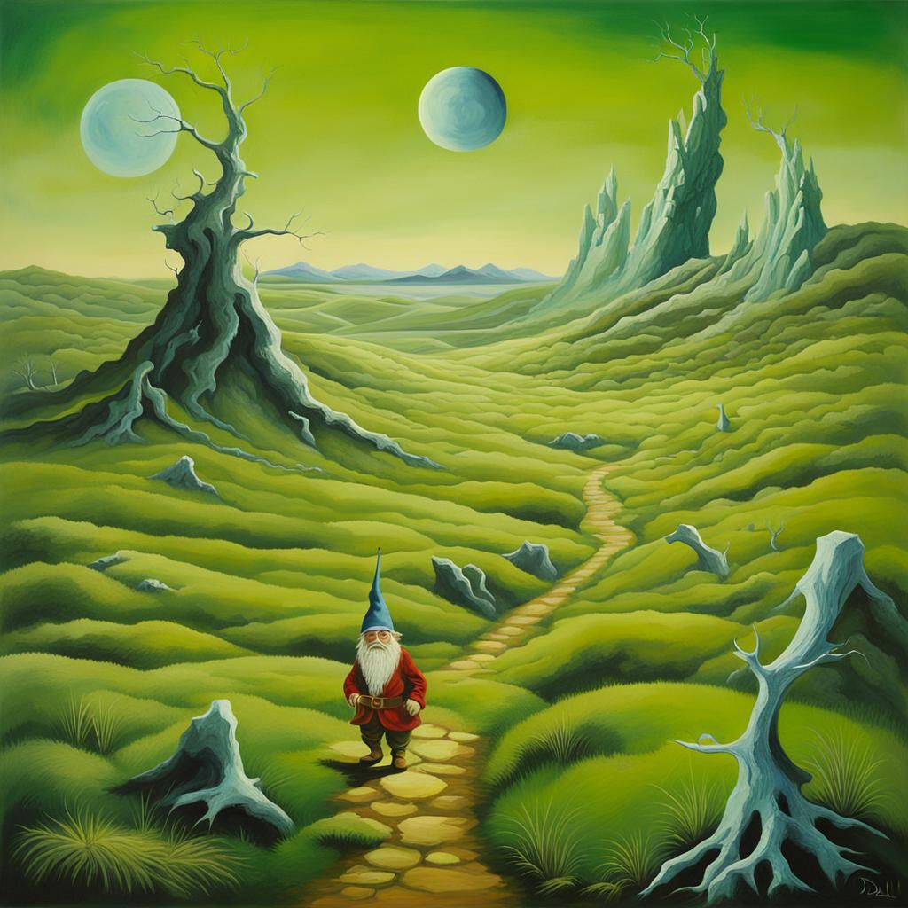 Gnome on Scottish Heath in Surreal Style