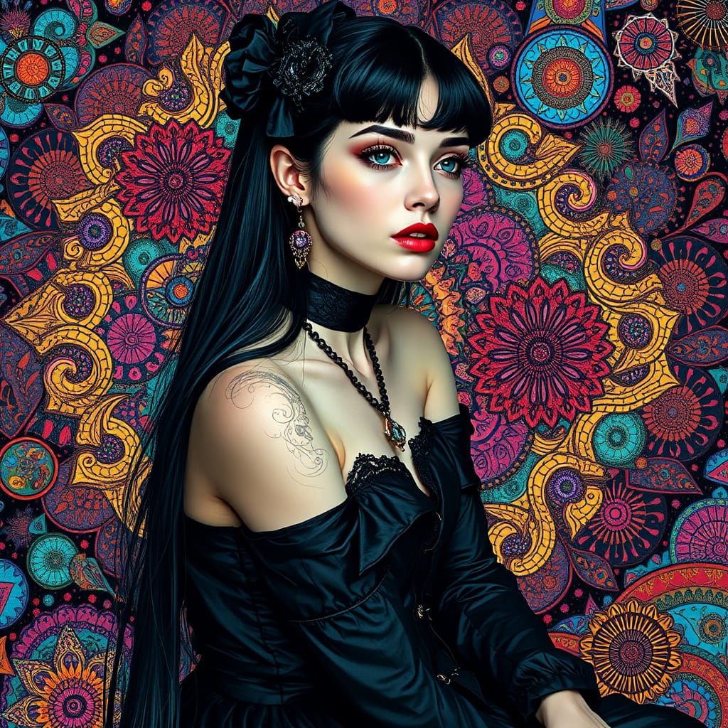 Gothic Woman Portrait in Klimt-Inspired Pop Surrealism