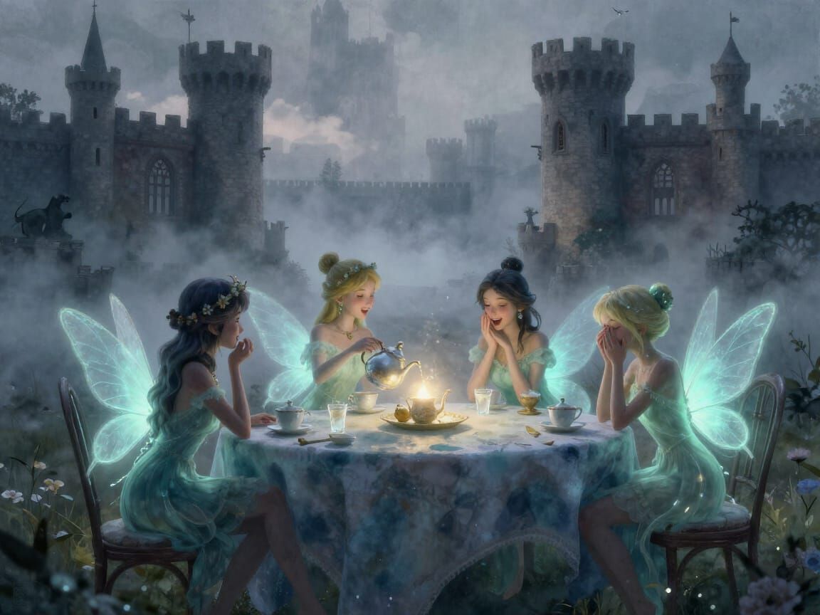 Fairies Gossiping Over Tea in Watercolor Landscape